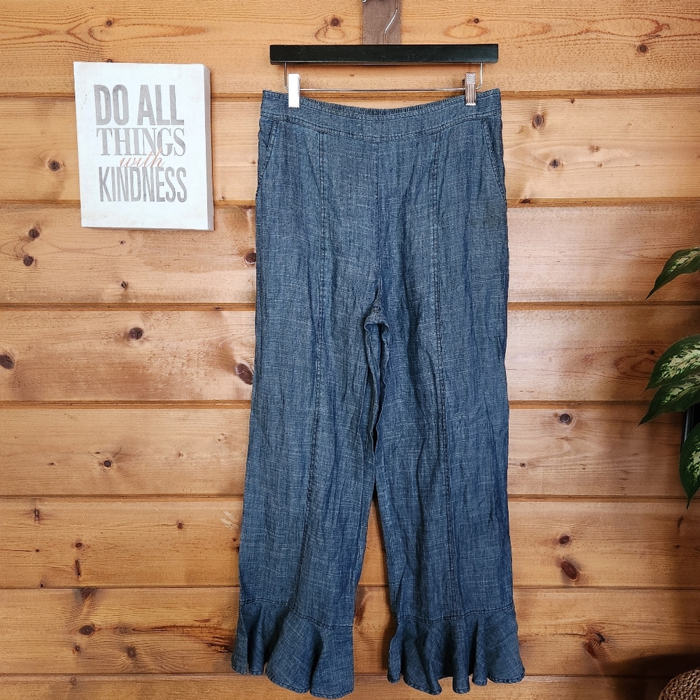 Trina Turk Mr Roarke Chambray Linen Blend Ruffle Wide Pants High Stretch Size 6
